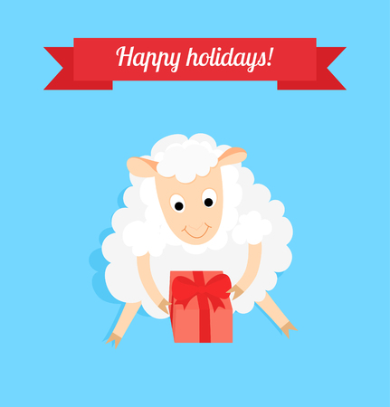 Happy New Year greetings card or background. White sheep with gift. Vector illustration for your design.のイラスト素材