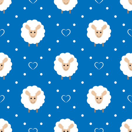 Blue seamless pattern with cute sheep and heartsのイラスト素材