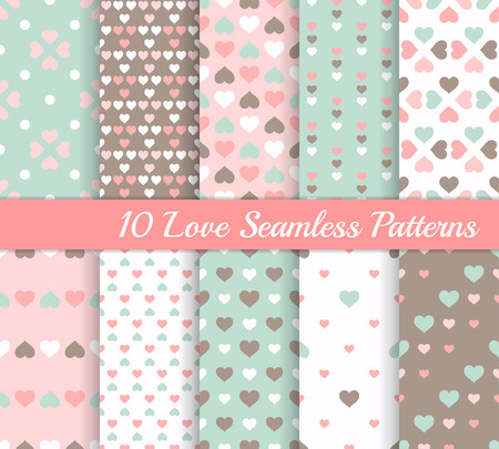 Ten different love seamless patterns with hearts. Valentine's day or wedding backgrounds. Endless texture for wallpaper, web page background, wrapping paper and etc. Retro style.のイラスト素材