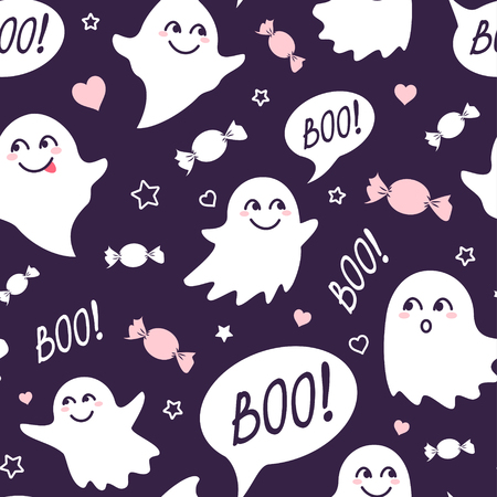 Halloween festive seamless pattern. Violet endless background with smiling cute ghosts, candies and speech bubble with booのイラスト素材