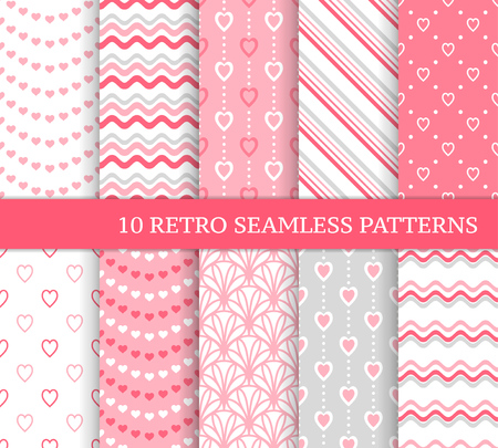 Ten different seamless patterns. Romantic pink backgrounds for Valentine's or wedding day. Endless texture for wallpaper, web page, wrapping paper and etc. Retro love style. Waves, flowers and heartsのイラスト素材