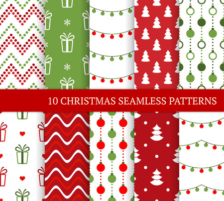Ten Christmas different seamless patterns. Xmas endless festive texture for wallpaper, web page background, wrapping paper and etc. Retro style. Zigzags, gifts, snow, Christmas lights, balls and treesのイラスト素材