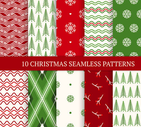 Ten different Christmas seamless patterns. Xmas endless textures for wallpaper, web page background, wrapping paper, etc. retro style. Snowflakes, Christmas trees, waves and linesのイラスト素材