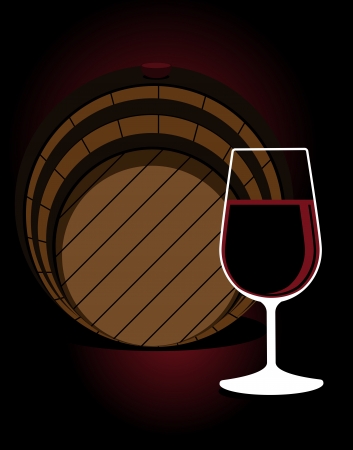 Stylised illustration with a glass or red wine in front of an oak cask in a wine cellar, nightclub, restaurant or pubのイラスト素材