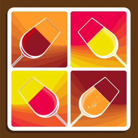 Wine collage of four stylised illustrations showing different varieties with tilted wine glasses each filled with a different colour liquidのイラスト素材