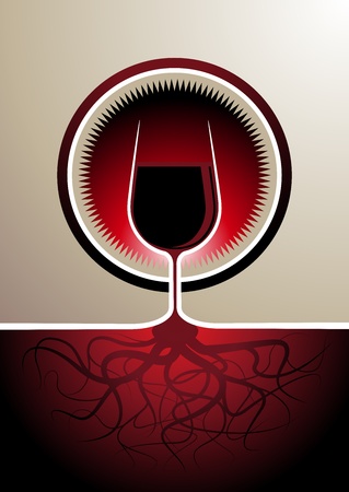 Stylish red wine icon with the glass depicted as the vine with the soil forming the stem of the glass with the roots visible belowのイラスト素材