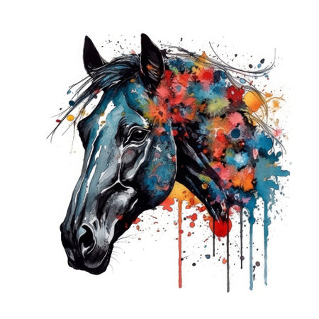 Horse. Created in color with energetic brushstrokes and splatters of watercolor and ink. Made using generative artificial intelligence.の素材