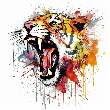 Wild tiger head fiercely roaring against a white background. Colorful splatters of watercolor and ink. Created using generative artificial intelligence.の素材