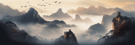 A panoramic view of a mystical mountain landscape with fog, birds flying, and a figure standing on a peak.の素材