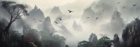 Misty mountain landscape with birds flying and trees on rocky peaks, creating a serene and mystical atmosphere.の素材