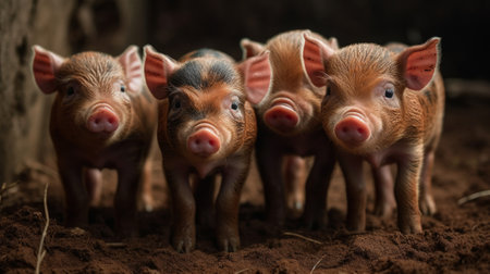 Four cute piglets standing in a row on soil, looking curiously at the camera with a dark background.の素材