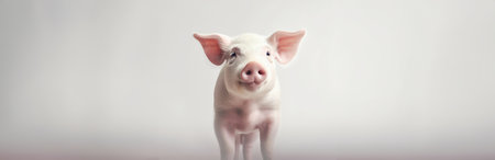 Close-up portrait of a cute piglet with large ears and a curious expression, isolated on a light background.の素材