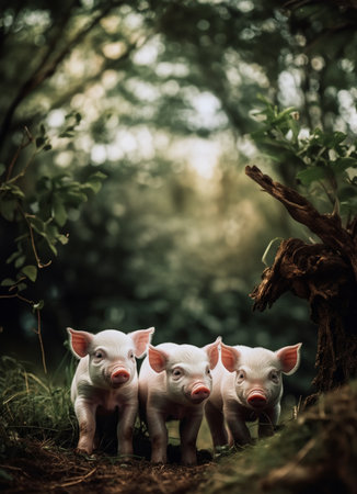 Three curious piglets standing in a forest, looking directly at the camera.の素材