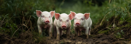 Three young pigs standing in a row in a natural setting, looking curiously at the camera.の素材