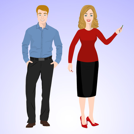 Smiling man and woman in office style wear standing in face and full growth.のイラスト素材
