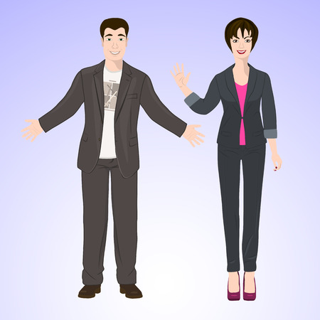 Smiling man and woman in office style wear standing in face and full growth.のイラスト素材