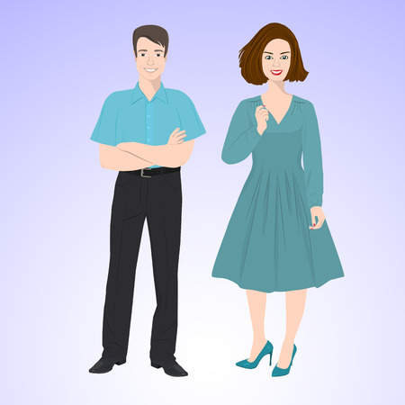 Smiling man and woman in office style wear standing in face and full growth.のイラスト素材