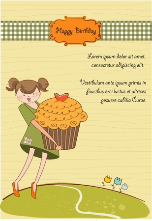 Happy Birthday card with girl and cupcakeのイラスト素材