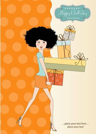 Birthday card - pretty young lady with arms full of giftsのイラスト素材
