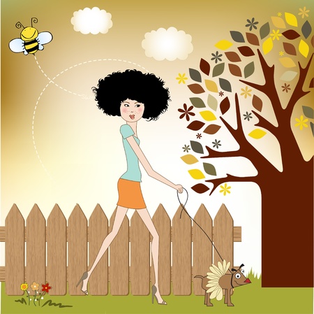 Pretty young lady with her dog dressedのイラスト素材