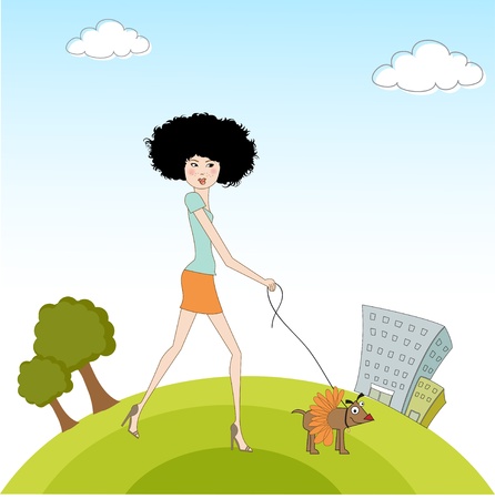 Pretty young lady with her dog dressedのイラスト素材