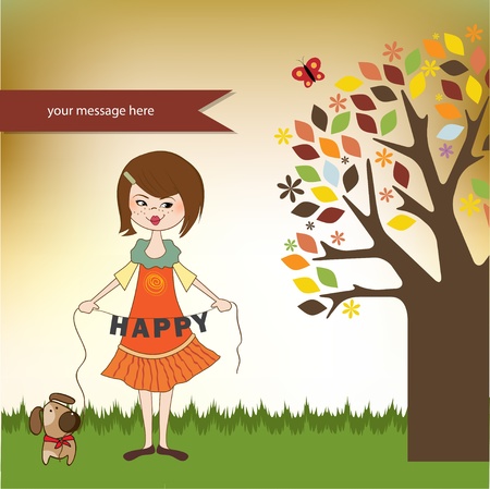 happy girl with her playful dog のイラスト素材