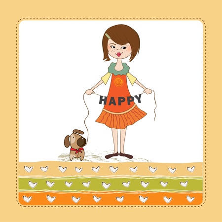 happy girl with her playful dog のイラスト素材