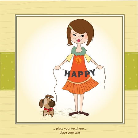 happy girl with her playful dog のイラスト素材