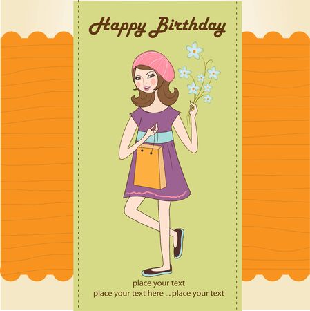 pretty girl with gift and flowers. birthday cardのイラスト素材