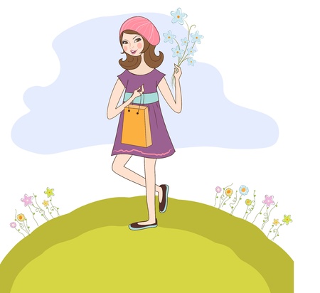 pretty girl with gift and flowers. birthday cardのイラスト素材