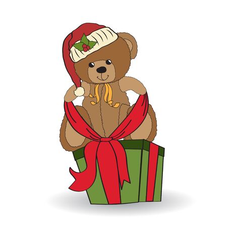 cute teddy bear with a big Christmas gift box のイラスト素材
