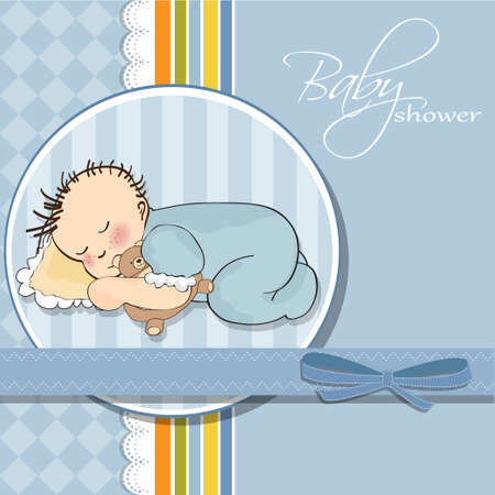 little baby boy sleep with his teddy bear toyのイラスト素材