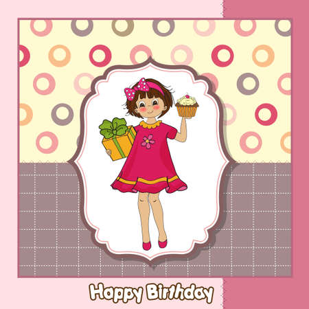 birthday greeting card with girl and big cupcake のイラスト素材