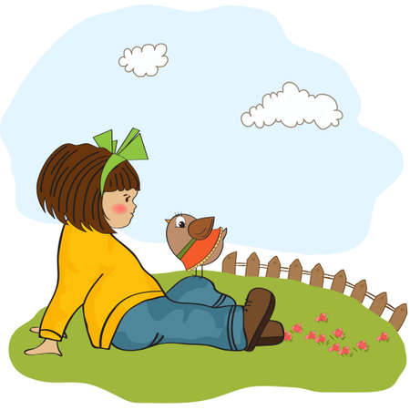 cute young girl talking to little bird のイラスト素材