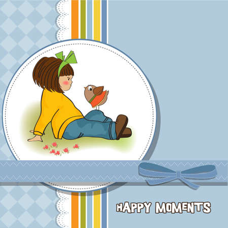 cute young girl talking to little bird のイラスト素材