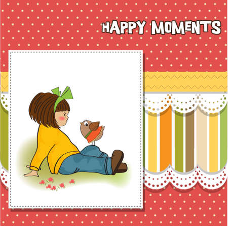 cute young girl talking to little bird のイラスト素材