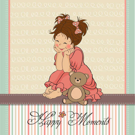 little baby girl play with her teddy bear toy のイラスト素材