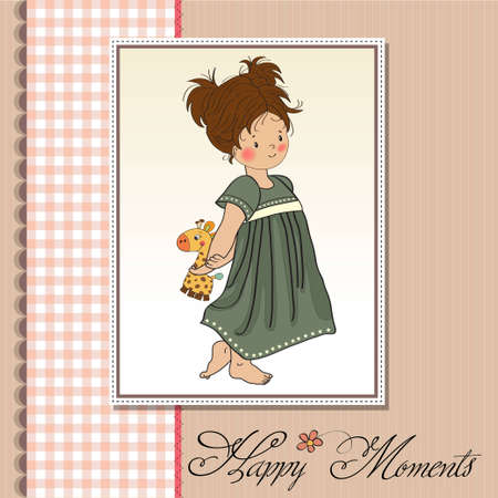 young girl going to bed with her favorite toy, a giraffe のイラスト素材