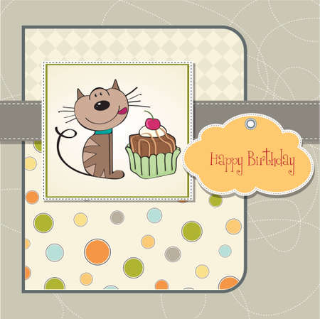 birthday greeting card with a cat waiting to eat a cake のイラスト素材