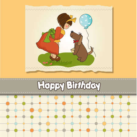 young girl and her dog in a wonderful birthday greeting card のイラスト素材