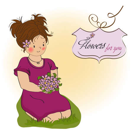 young girl with a bouquet of flowers birthday greeting card のイラスト素材