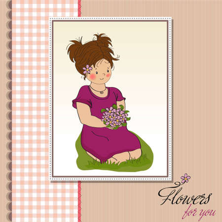 young girl with a bouquet of flowers birthday greeting card のイラスト素材