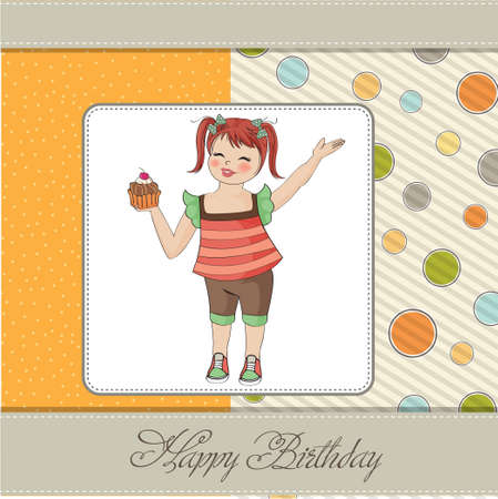 birthday greeting card with girl and big cupcake のイラスト素材