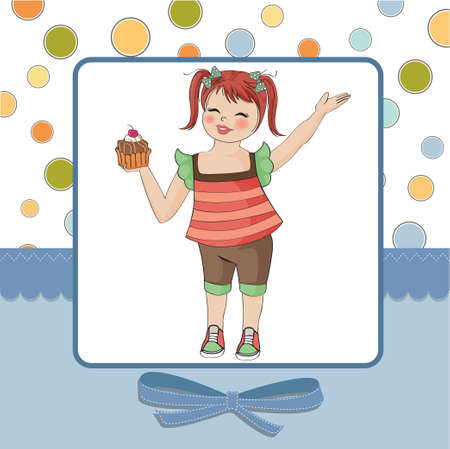 birthday greeting card with girl and big cupcake のイラスト素材