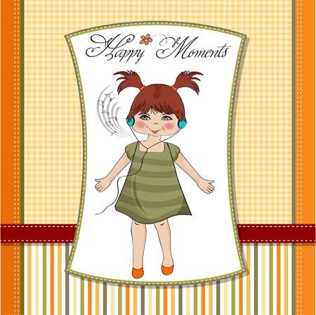 young girl listening to music on headphones and dancing のイラスト素材