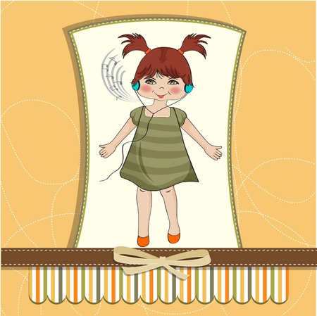 young girl listening to music on headphones and dancing のイラスト素材