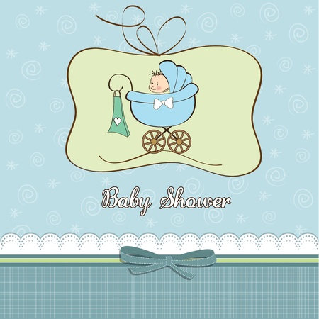 baby boy announcement card with baby and pram のイラスト素材