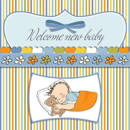 little baby boy sleep with his teddy bear toy  Baby shower card のイラスト素材