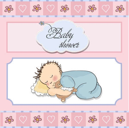 baby shower card with little baby boy sleep with his teddy bear toyのイラスト素材