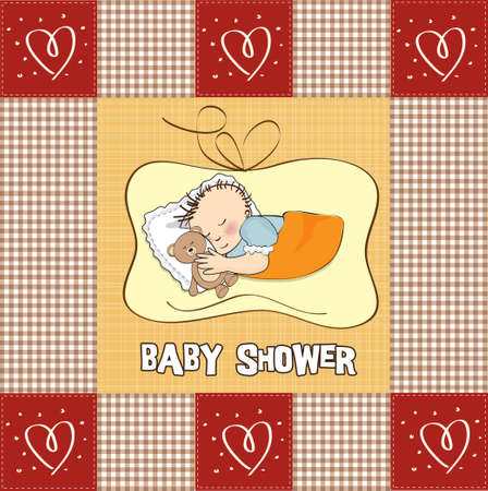 little baby boy sleep with his teddy bear toy  Baby shower card のイラスト素材